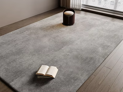 Soft Gray Square Rug on Wooden Floor with Open Book and Small Stool 3d model