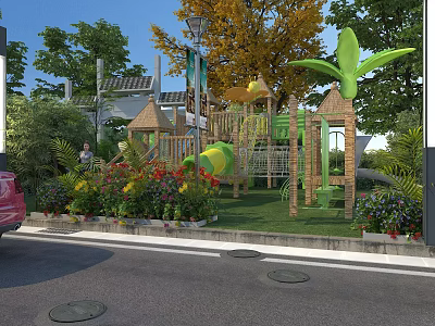 Park Landscape with Children's Playground Lush Trees Green Plants and Colorful Flowers Near Street 3d model