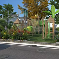 Park Landscape with Children's Playground Lush Trees Green Plants and Colorful Flowers Near Street