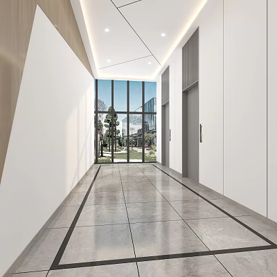 Modern Elevator Hallway With Large Windows Natural Light Trees Outside And Sleek Flooring 3d model