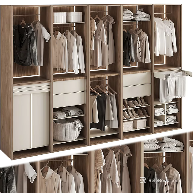 Modern Wooden Wardrobe With Hanging Rails Drawers Shoe Storage And Baskets 3d model 