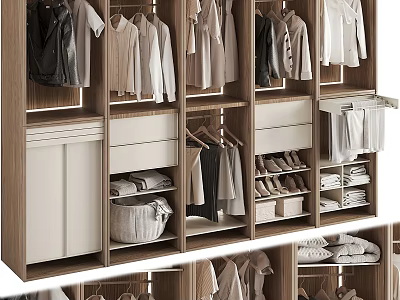 Modern Wooden Wardrobe With Hanging Rails Drawers Shoe Storage And Baskets 3d model