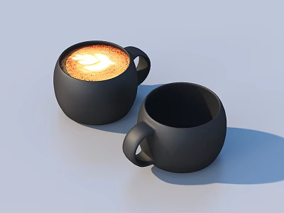 Coffee with Latte Art in Black Mug and Empty Mug on Light Blue Background 3d model