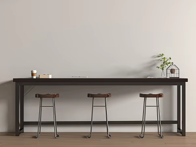 Black Bar Counter with Brown Seat Metal Leg Stools Items on Light Wall Wooden Floor 3d model