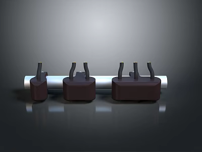 Three Brown Plugs Connected To Silver Socket On Gray Reflective Background 3d model
