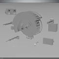 Detailed 3D Rendering of Various Weapon Components and Parts on Reflective Surface