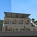 Modern Detached Villa Exterior With Glass Roof Arched Windows Iron Gate And Palm Trees