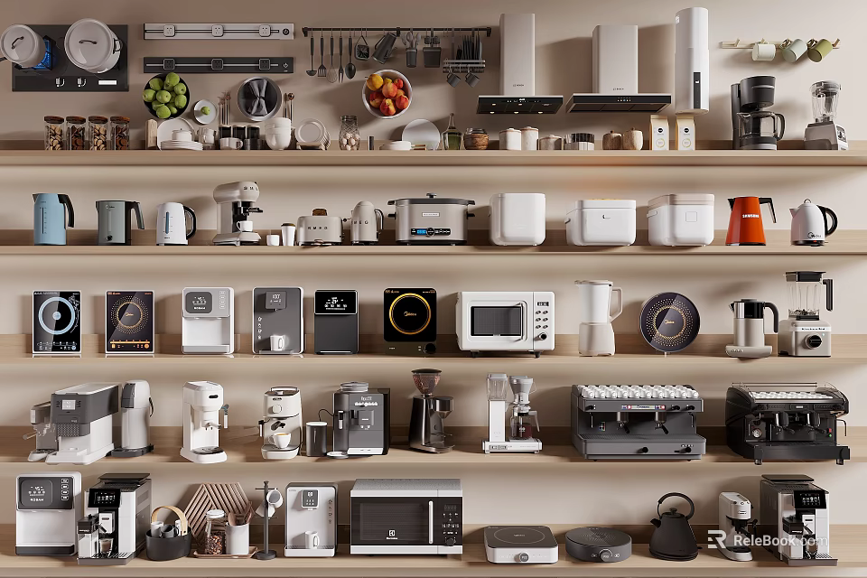 Various Kitchen Appliances Neatly Arranged On Multi Tiered Shelves With Diverse Colors 3d model 