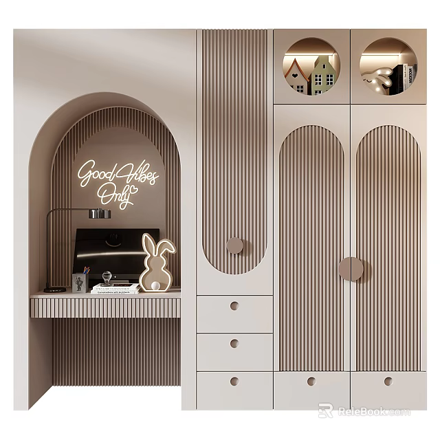 Modern Striped Wardrobe Design With Circular Handles And Drawers In Light Tone 3d model 