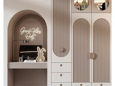 Modern Striped Wardrobe Design With Circular Handles And Drawers In Light Tone 3d model