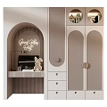 Modern Striped Wardrobe Design With Circular Handles And Drawers In Light Tone