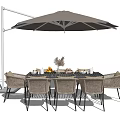Outdoor Dining Table and Wicker Chairs Set with Large Parasol Tableware Decorative Centerpiece