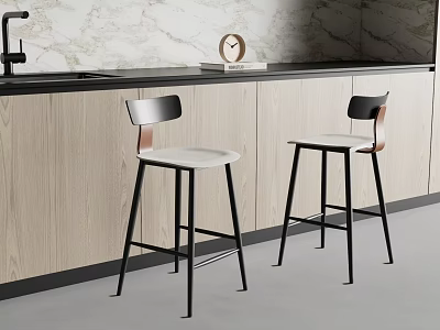 Modern Bar Stools With White Seats Black Metal Legs In Kitchen Setting With Marble Countertop 3d model