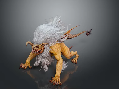 Mythical Creature With White Mane Yellow Body Horns And Spiked Tail 3d model