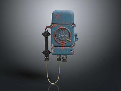 Vintage Blue Rusty Computer Modem With Rotary Dial And Cable On Dark Background 3d model
