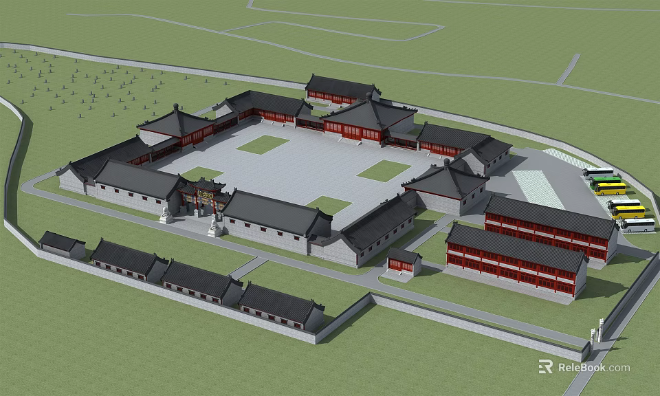 Ancient Chinese Architectural Complex With Symmetrical Courtyard Traditional Roofs And Gray Tiles 3d model 