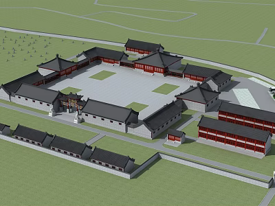 Ancient Chinese Architectural Complex With Symmetrical Courtyard Traditional Roofs And Gray Tiles 3d model