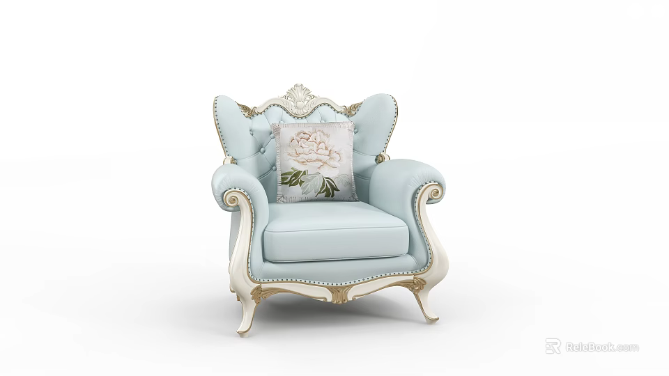 Light Blue Single Sofa with Ornate Carvings Curved Armrests Golden Legs and Decorative Floral Pillow 3d model 