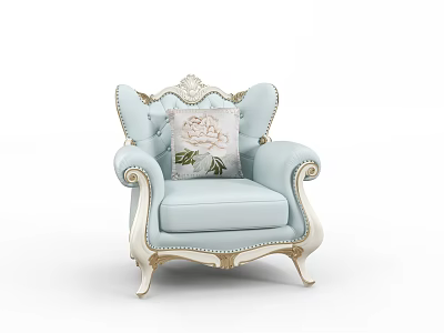 Light Blue Single Sofa with Ornate Carvings Curved Armrests Golden Legs and Decorative Floral Pillow 3d model