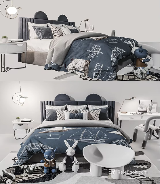 Modern Bedroom Interior With Navy Blue Sailboat Pattern Bedding Pillows Nightstand And Lamp 3d model 