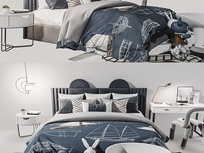 Modern Bedroom Interior With Navy Blue Sailboat Pattern Bedding Pillows Nightstand And Lamp 3d model