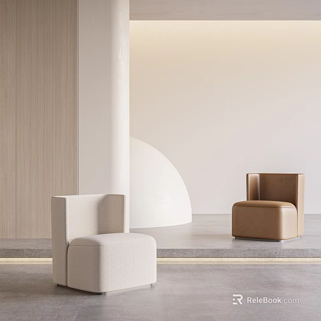 Beige And Brown Single Sofa With Light Wood Panel White Curved Structure And Gray Floor 3d model 