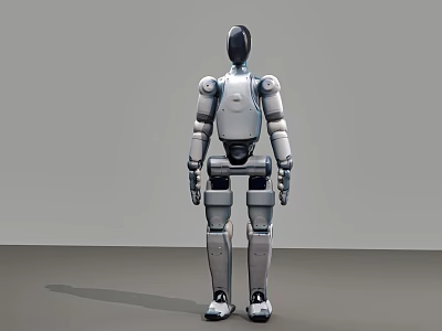 Intelligent Robot With Humanoid Structure Metallic Silver Body And Mechanical Joints Standing On Gray Background 3d model