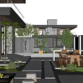 Modern Garden Courtyard With Stone Pathway Wooden Table Chairs Outdoor Seating And Green Plants