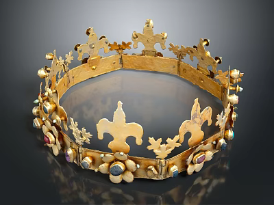 Golden Decorative Crown With Intricate Fleur De Lis Patterns And Colorful Gemstones 3d model