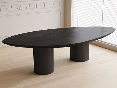 Modern Black Oval Dining Table with Cylindrical Legs on Light Wooden Floor 3d model