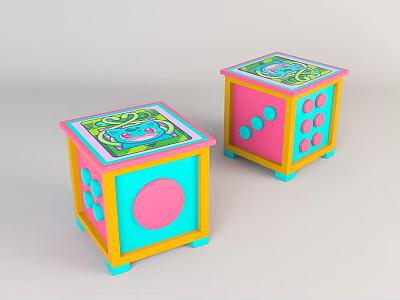 Two Colorful Cube Coffee Tables Featuring Pink Yellow Blue Green Tones And Dotted Side Patterns 3d model