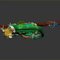 Green Chameleon With Small Red Accessory On Head Curled Tail On Wooden Branch Holding Hamburger
