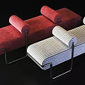 Gray Striped And Pink Upholstered Sofa Bench With Roll Cushions And Metal Frame