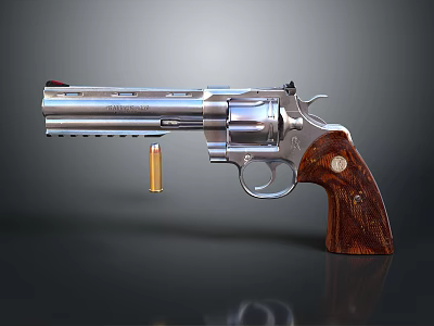 Classic Revolver With Silver Metal Frame Wooden Grip And Single Bullet 3d model