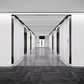 Modern Office Hallway Interior With White Walls Dark Carpet And Glass Partitions