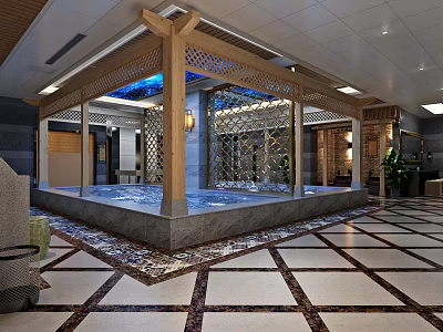 Luxurious SPA Sauna Interior With Wooden Frame Water Pool Blue Lighting And Marble Floor 3d model