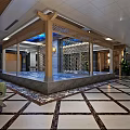 Luxurious SPA Sauna Interior With Wooden Frame Water Pool Blue Lighting And Marble Floor