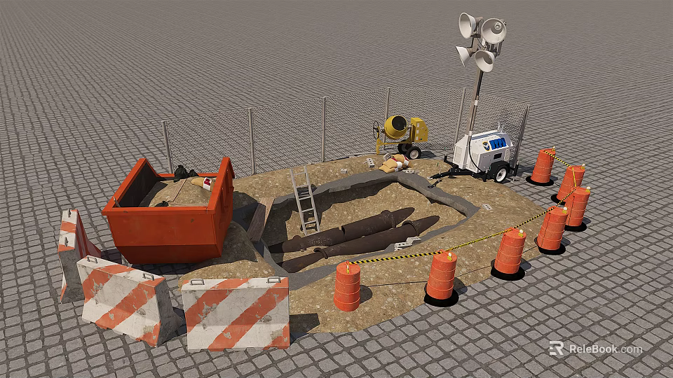 Road Infrastructure Construction Site With Orange Traffic Cones Fencing Ladder Concrete Mixer And Light Tower 3d model 