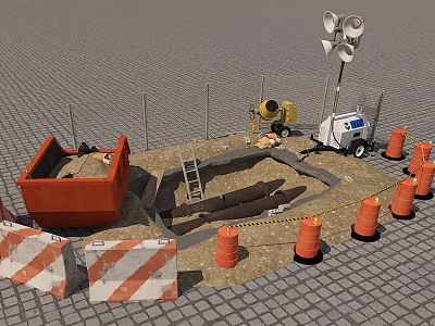 Road Infrastructure Construction Site With Orange Traffic Cones Fencing Ladder Concrete Mixer And Light Tower 3d model