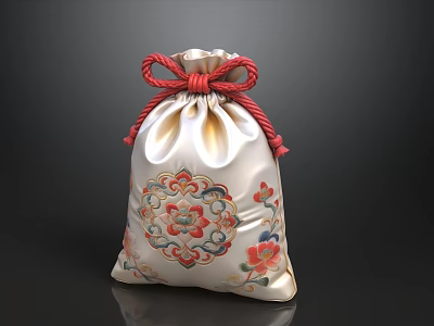 Traditional Ornament Decor Set With White Pouch Red Rope Knot And Colorful Floral Pattern 3d model