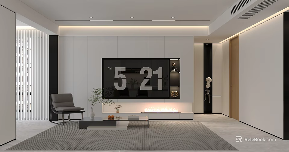 Modern Living Room Interior Design With TV Wall Digital Decor Plants And Gray Chair 3d model 