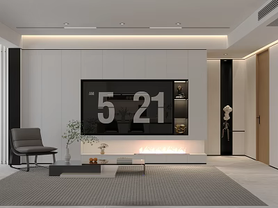 Modern Living Room Interior Design With TV Wall Digital Decor Plants And Gray Chair 3d model