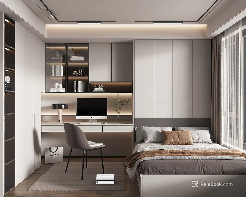 Modern Tatami Bedroom Interior Design With Desk Computer Chair Storage Cabinets And Window Curtains 3d model 