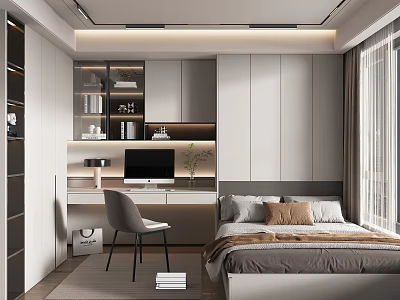 Modern Tatami Bedroom Interior Design With Desk Computer Chair Storage Cabinets And Window Curtains 3d model