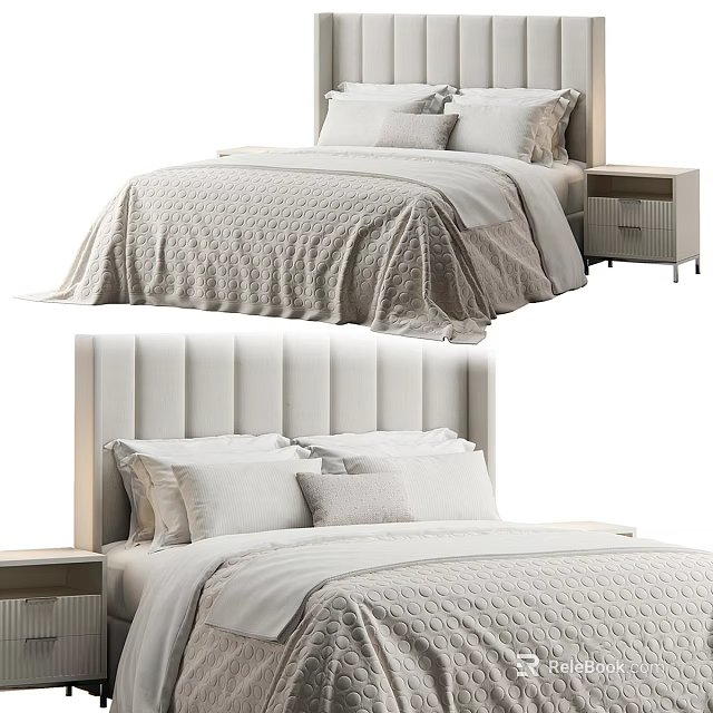 Modern Double Bed with Upholstered Headboard Light Colored Bedding and Wooden Nightstand 3d model 