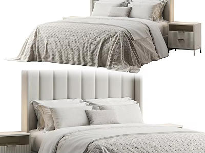 Modern Double Bed with Upholstered Headboard Light Colored Bedding and Wooden Nightstand 3d model