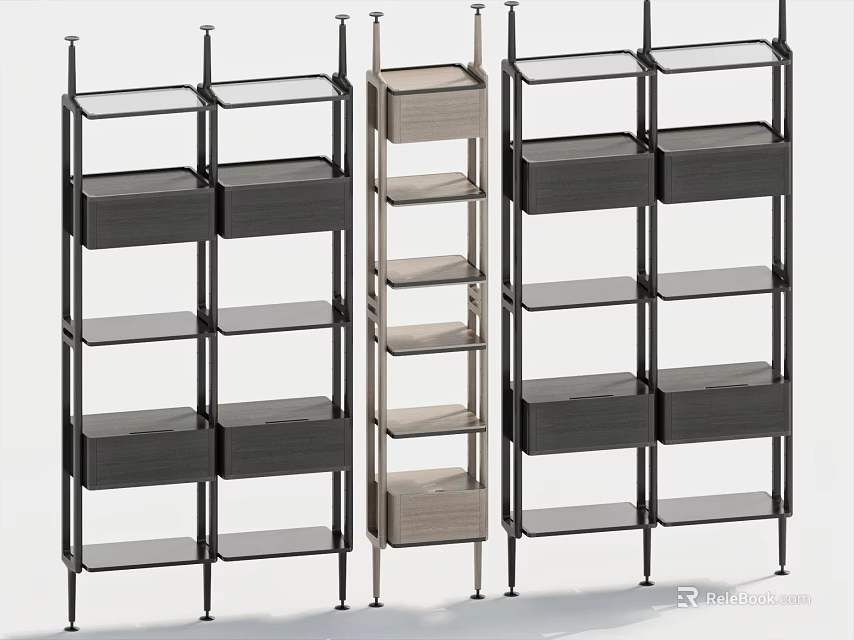 Modern Decorative Cabinet with Black Metal Frame Clear Glass Shelves and Open Storage Design 3d model 