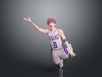GISANG Number 6 Anime Collectible Figure In Purple White Jersey Jumping Pose With Outstretched Hand 3d model