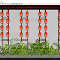 Traditional Red Lanterns Hanging on Wall with Lush Green Plants Below