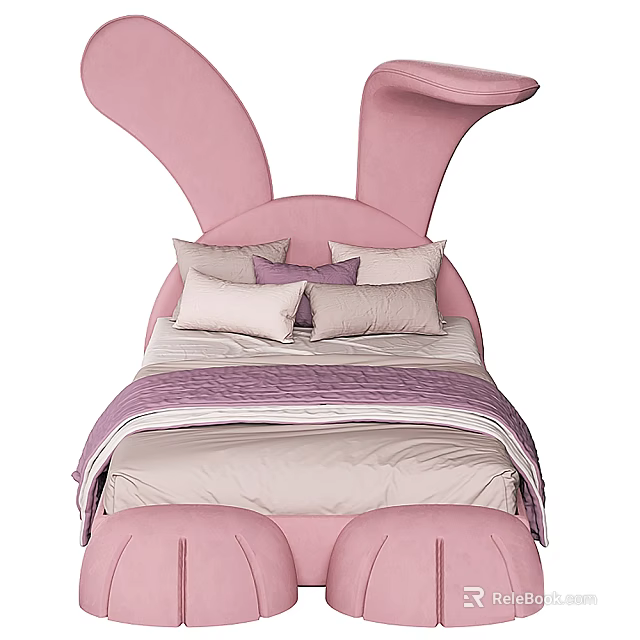 Cute Pink Kids Bed With Rabbit Ears Soft Bedding And Pillows 3d model 